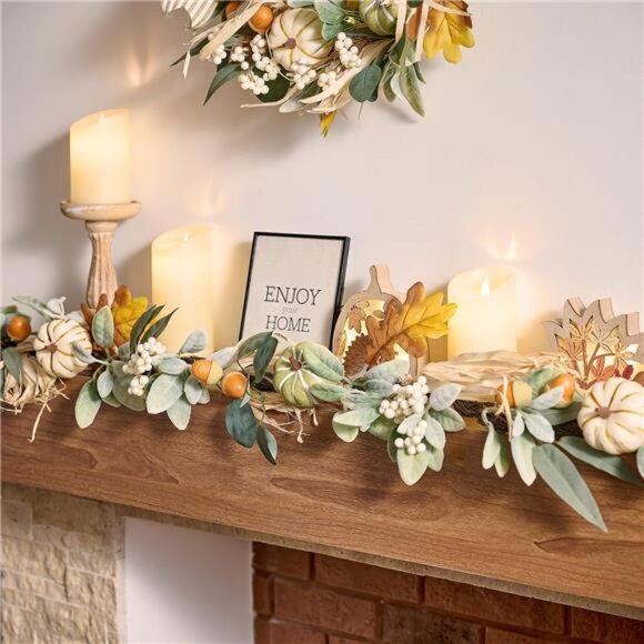 6ft Fall Garland with Pumpkins & Lights for Mantel, Autumn Thanksgiving Decor - Picture 4 of 7